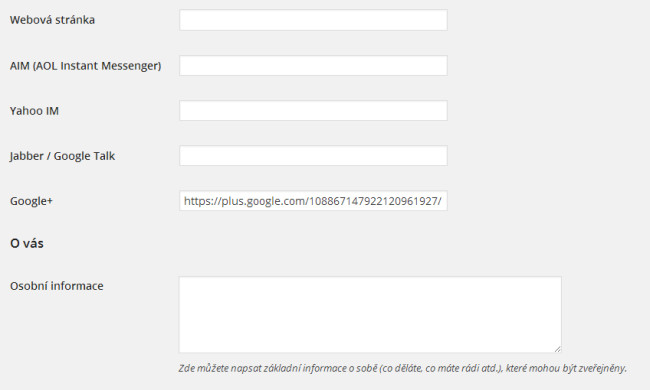 Zadání URL profilu Google+