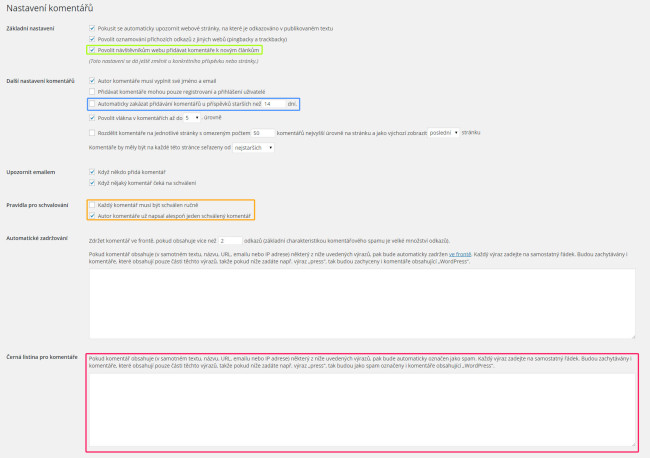 Obrana proti SPAMU v nastavení komentářů